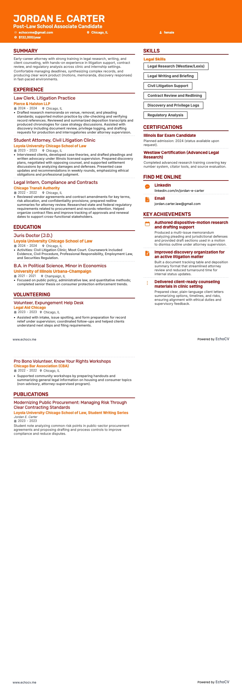 法科大学院修了後 example resume