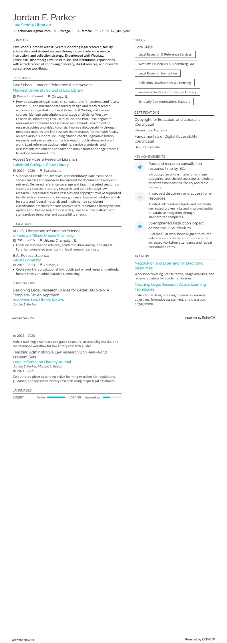 法科大学院の司書 example resume