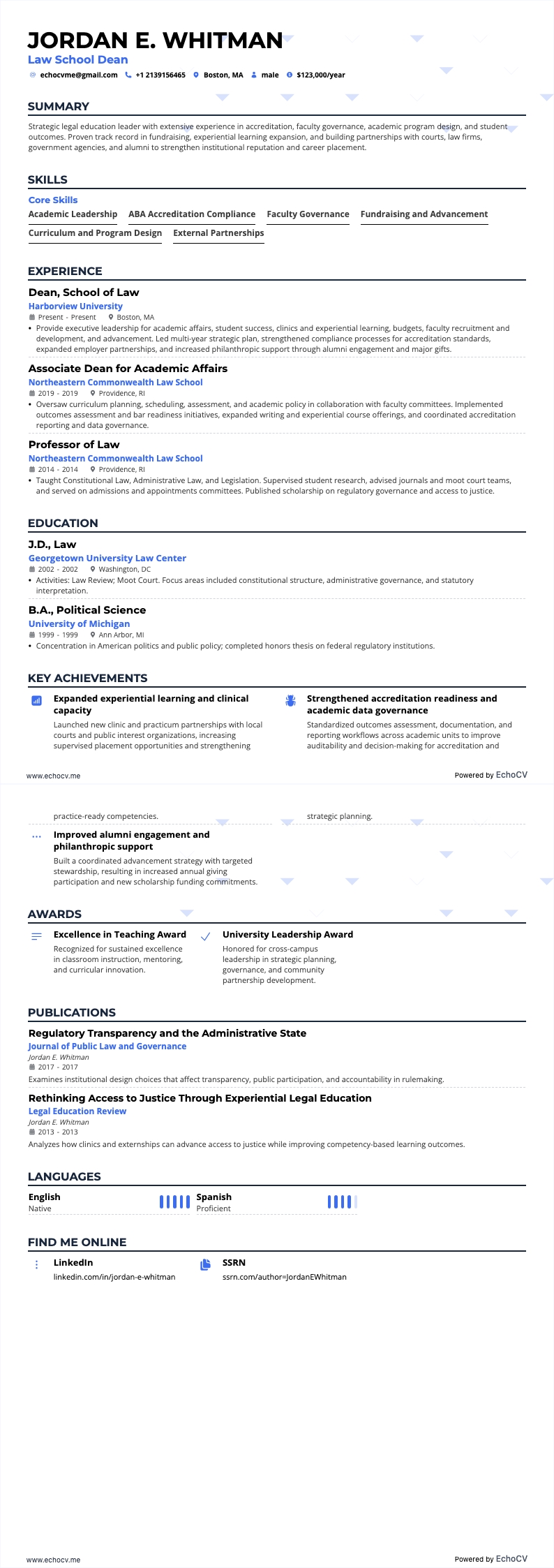 法学部長 example resume