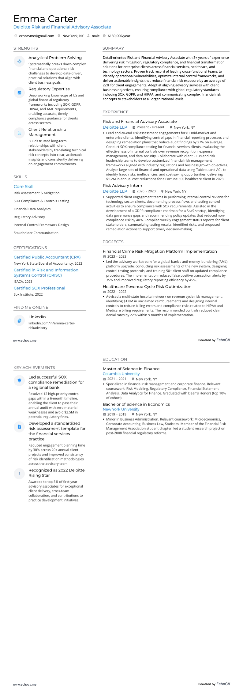 Deloitte Risk and Financial Advisory Associate example resume