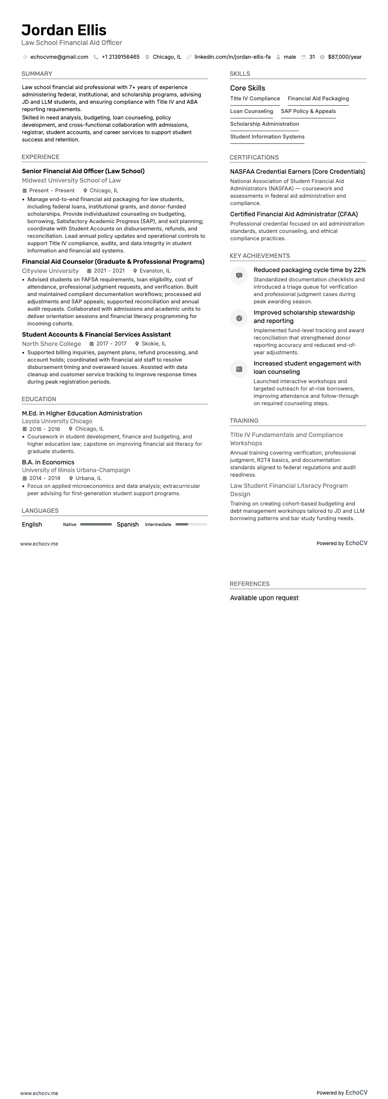 法科大学院の学資援助担当者 example resume