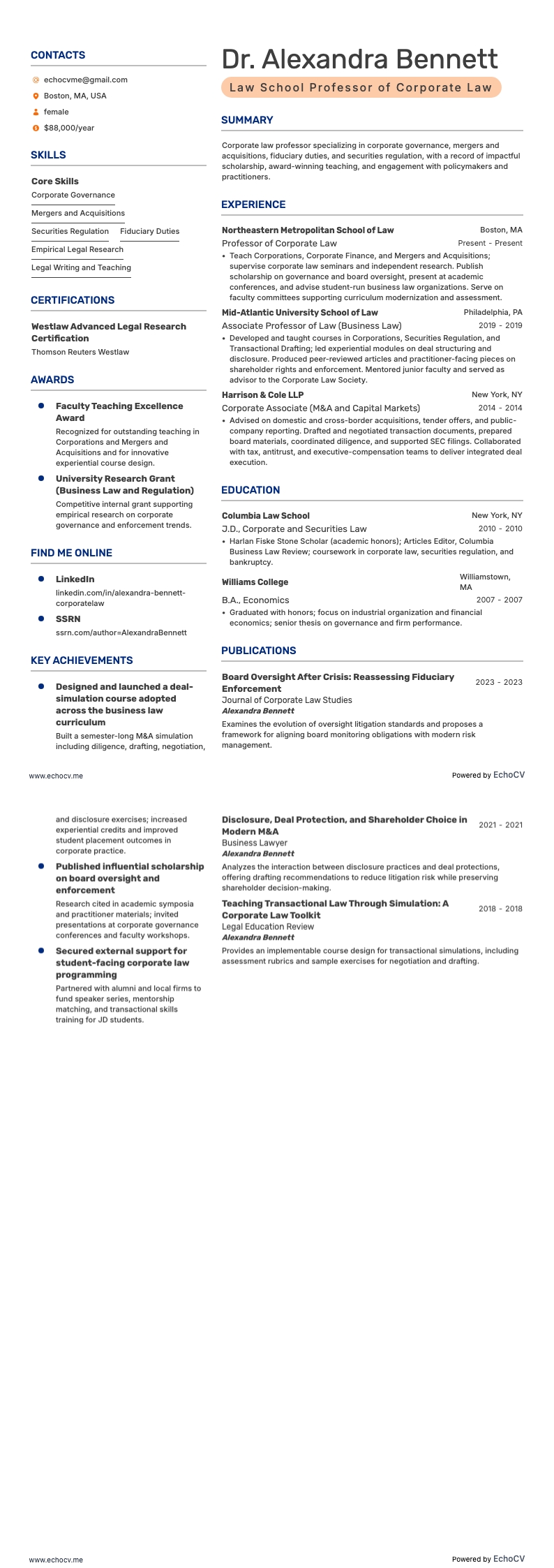 法科大学院の会社法教授 example resume