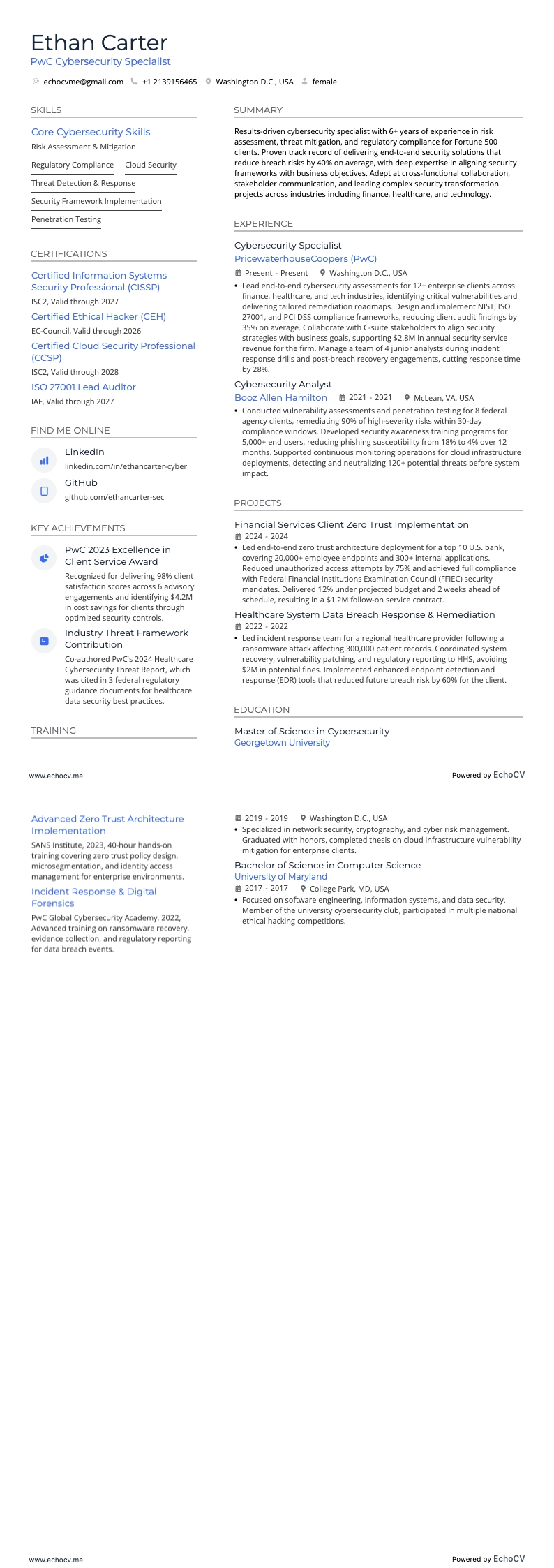 PwC Cybersecurity Specialist example resume