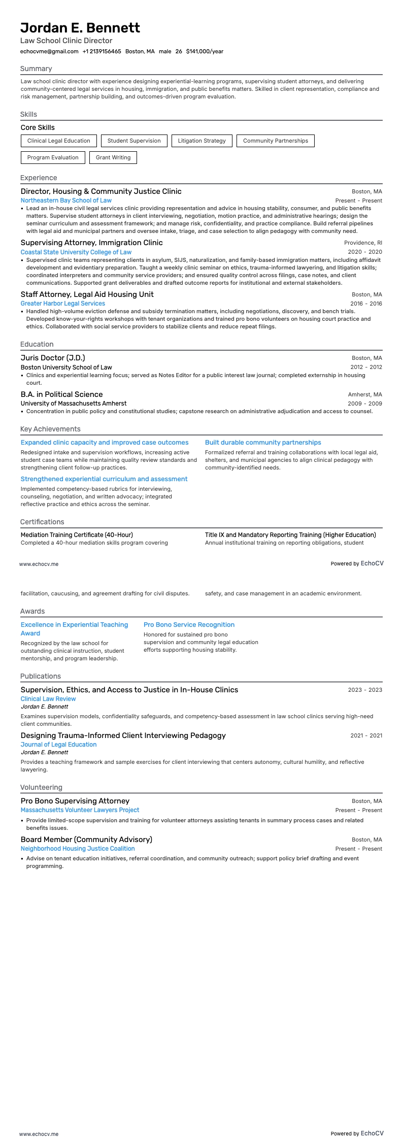 法科大学院クリニック責任者 example resume