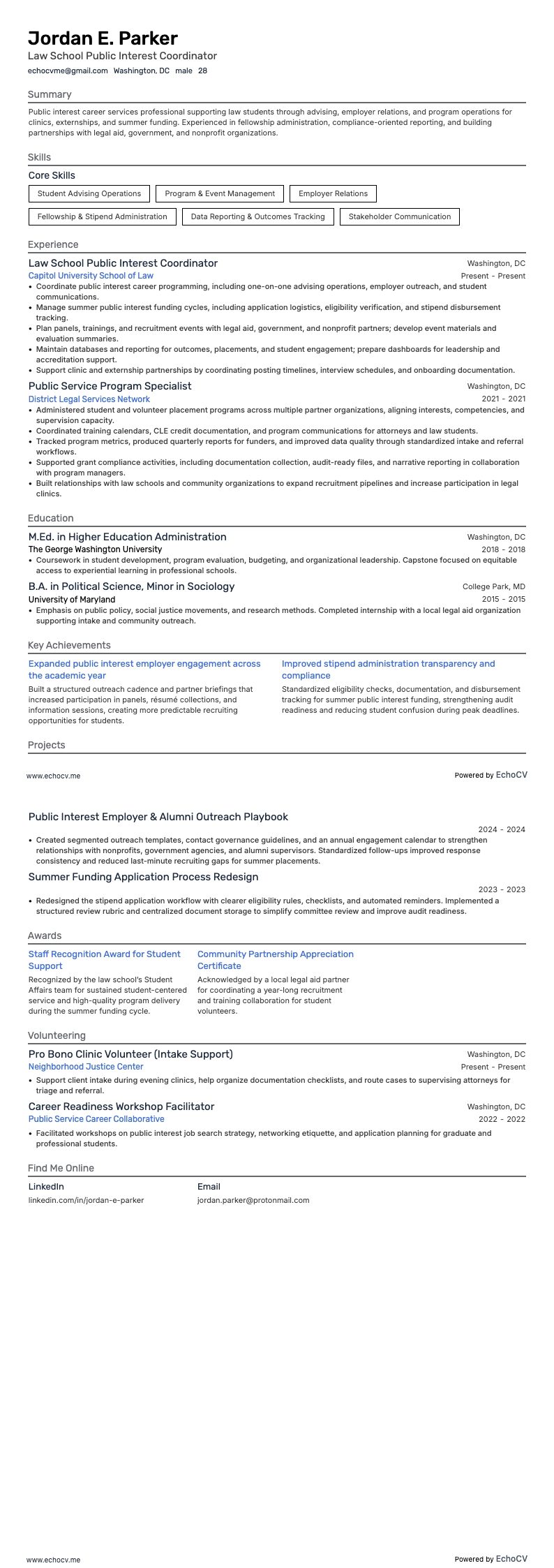 ロースクール公益担当コーディネーター example resume