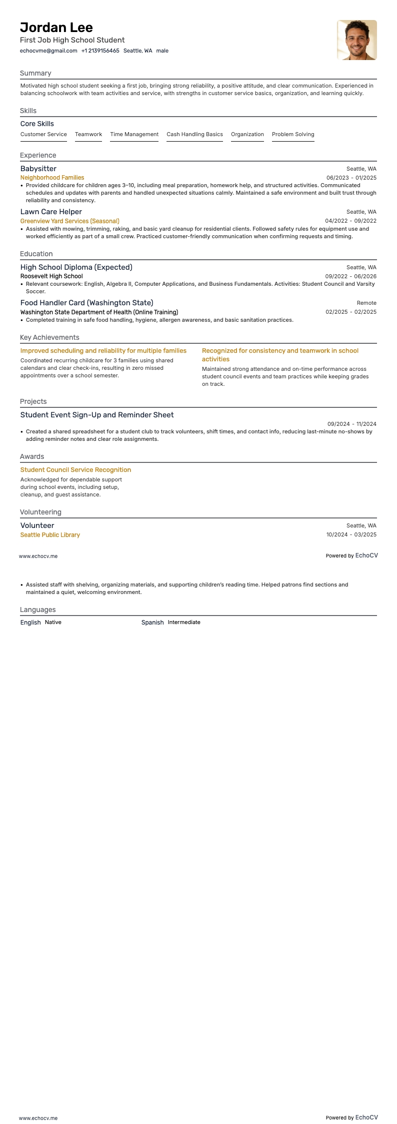 First Job High School Student example resume