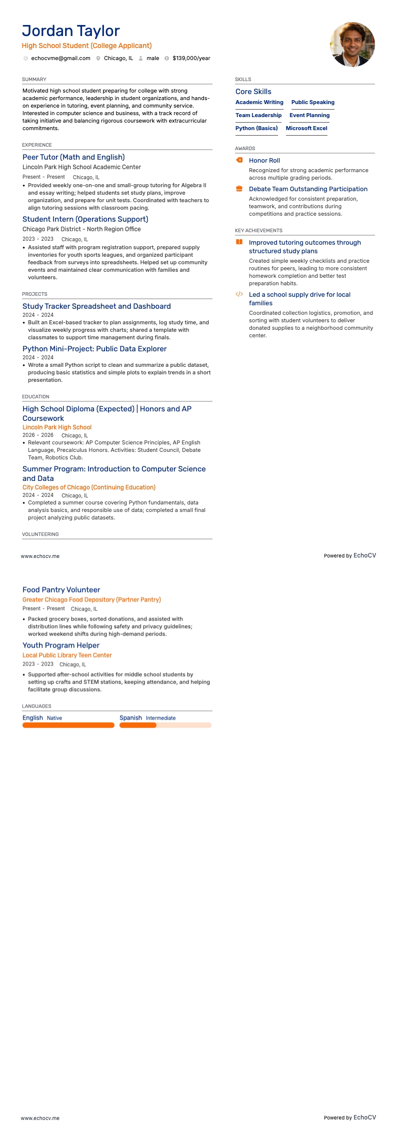 High School Student For College example resume