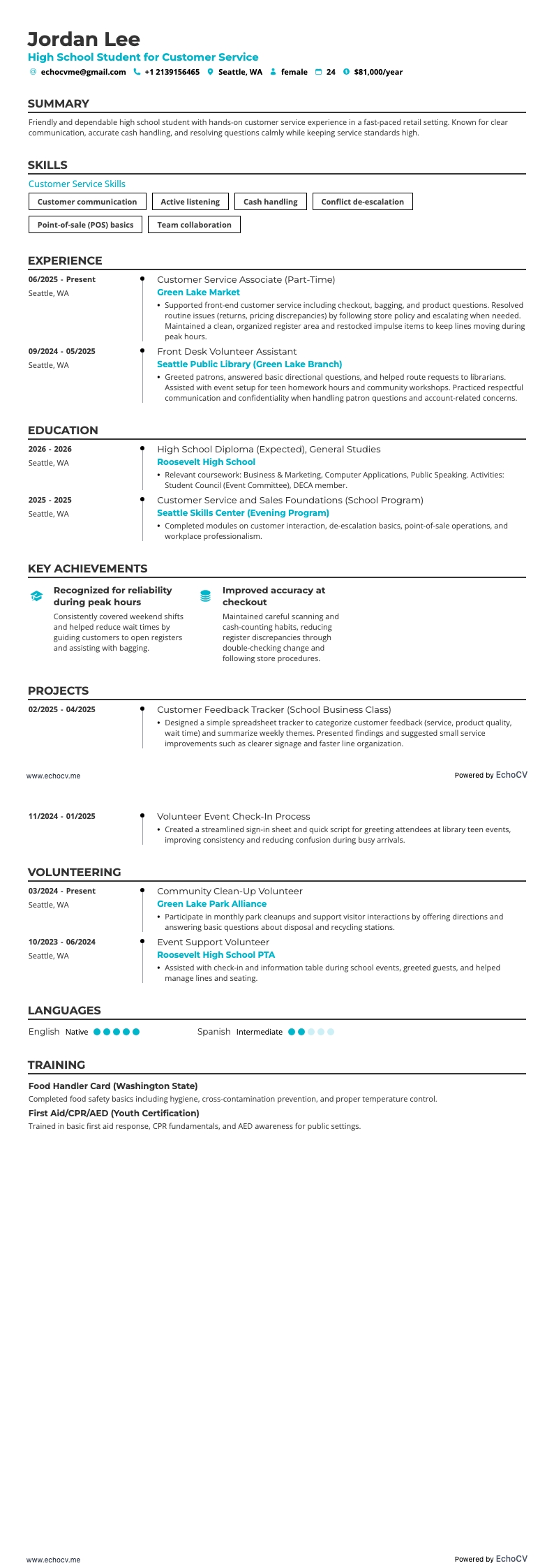High School Student For Customer Service example resume
