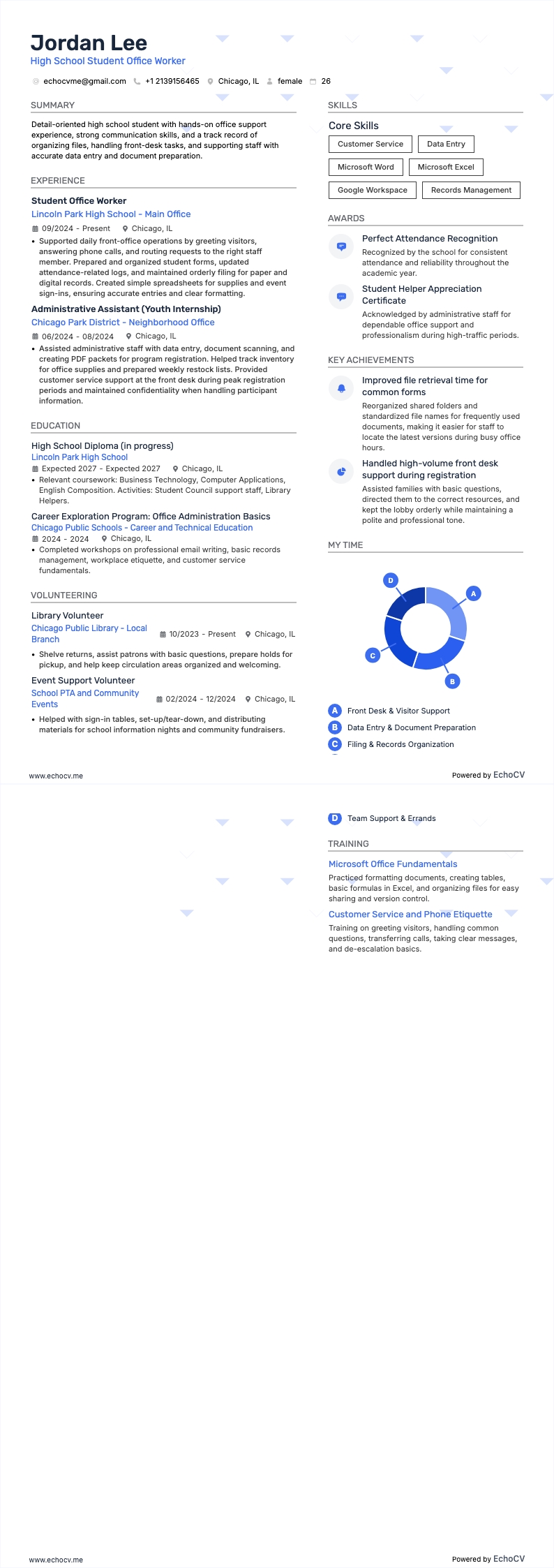 High School Student Office Worker example resume