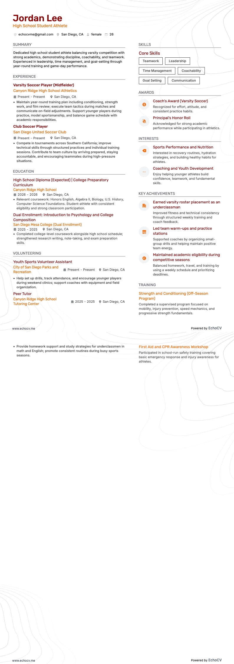 High School Student Athlete example resume