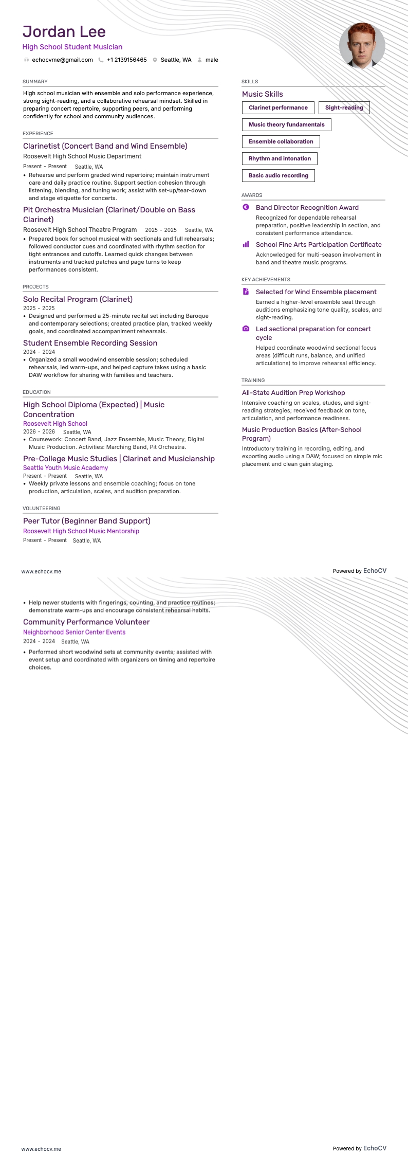 High School Student Music example resume