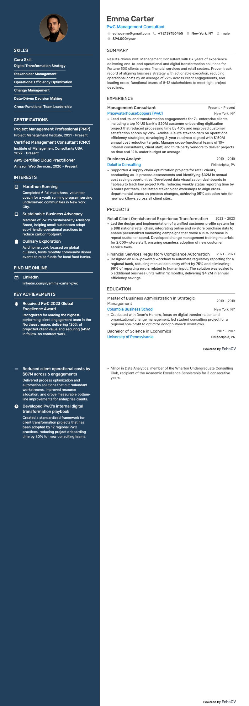 PwC Management Consultant example resume