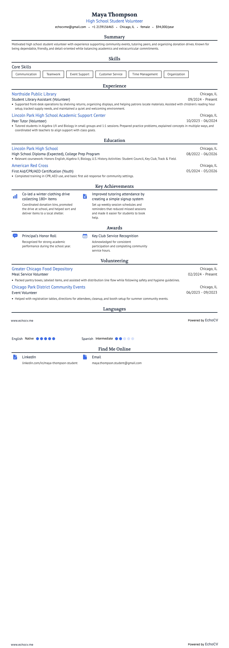고등학생 자원봉사자 resume example