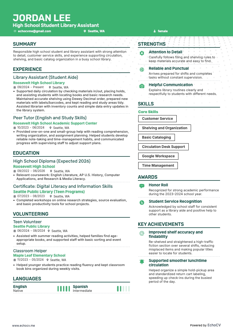 High School Student Library Assistant example resume