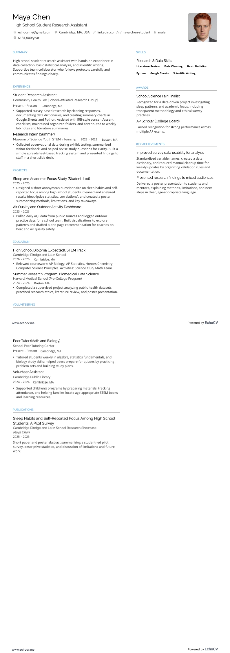 High School Student Research Assistant example resume