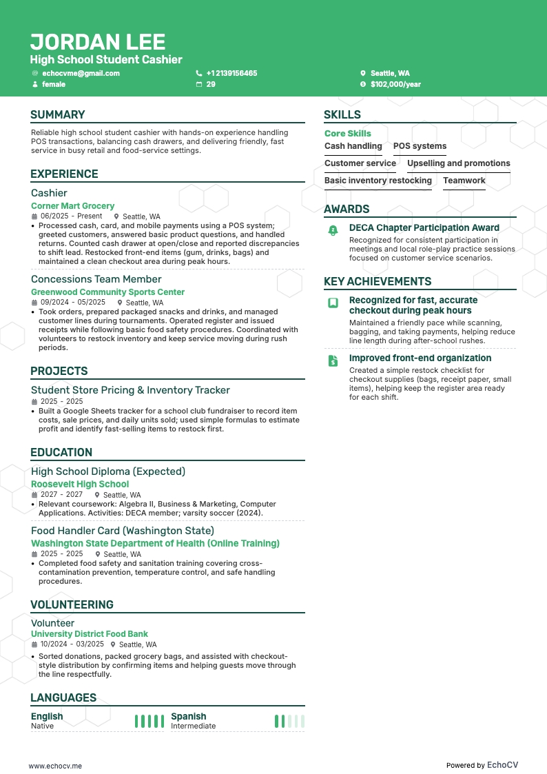 High School Student Cashier example resume