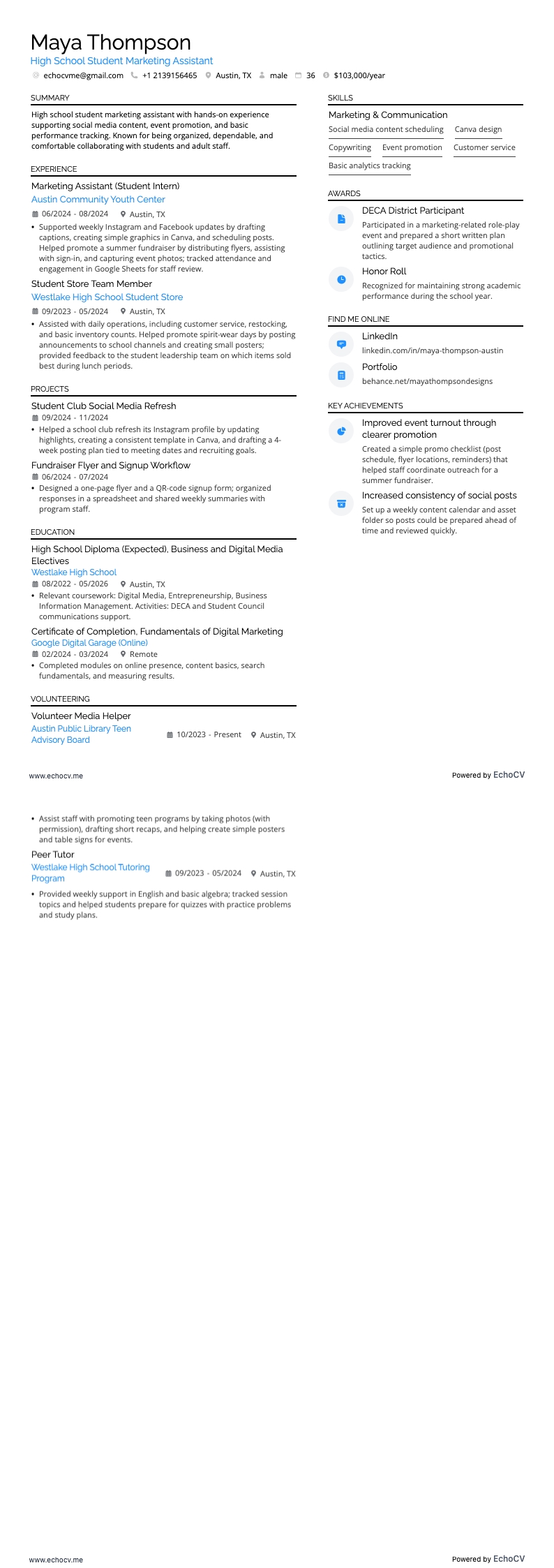 High School Student Marketing Assistant example resume