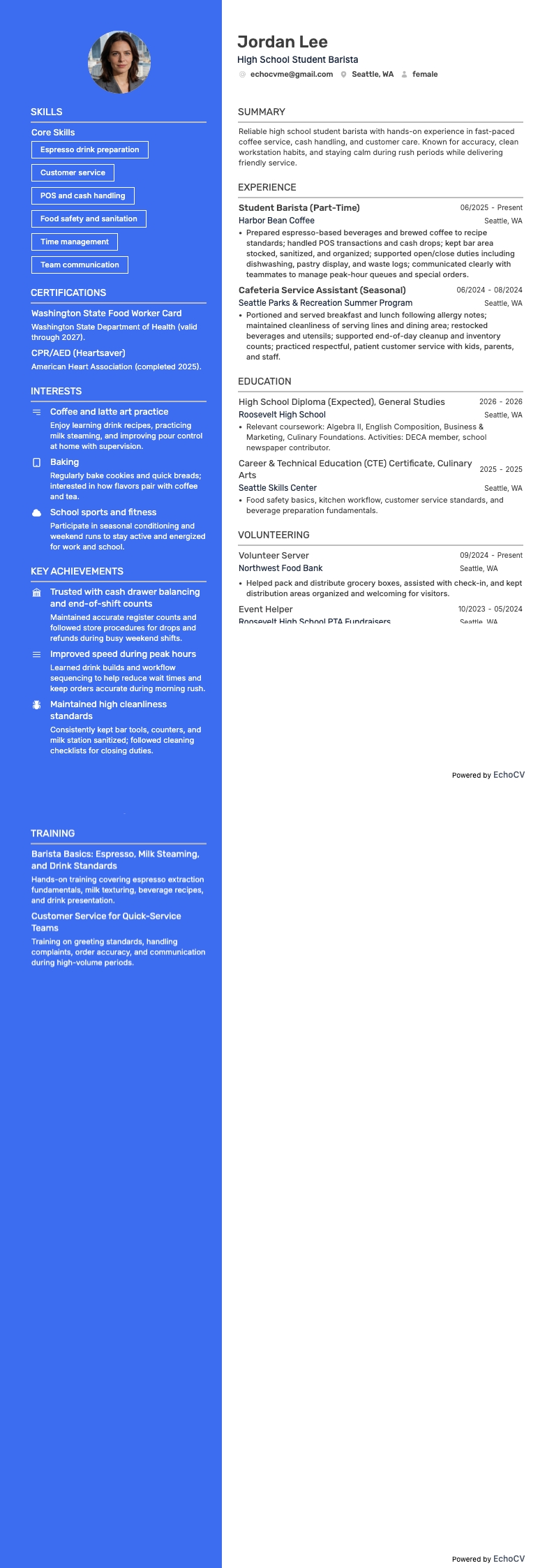 High School Student Barista example resume