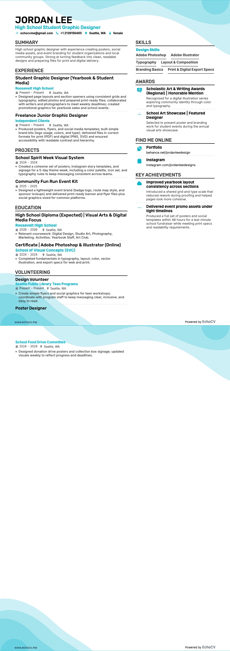 High School Student Graphic Designer example resume