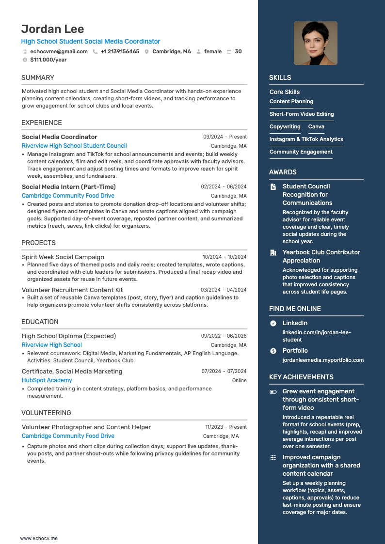 High School Student Social Media Coordinator example resume