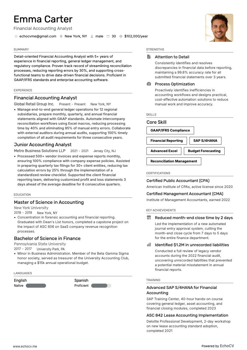 Analyste en comptabilité financière example resume