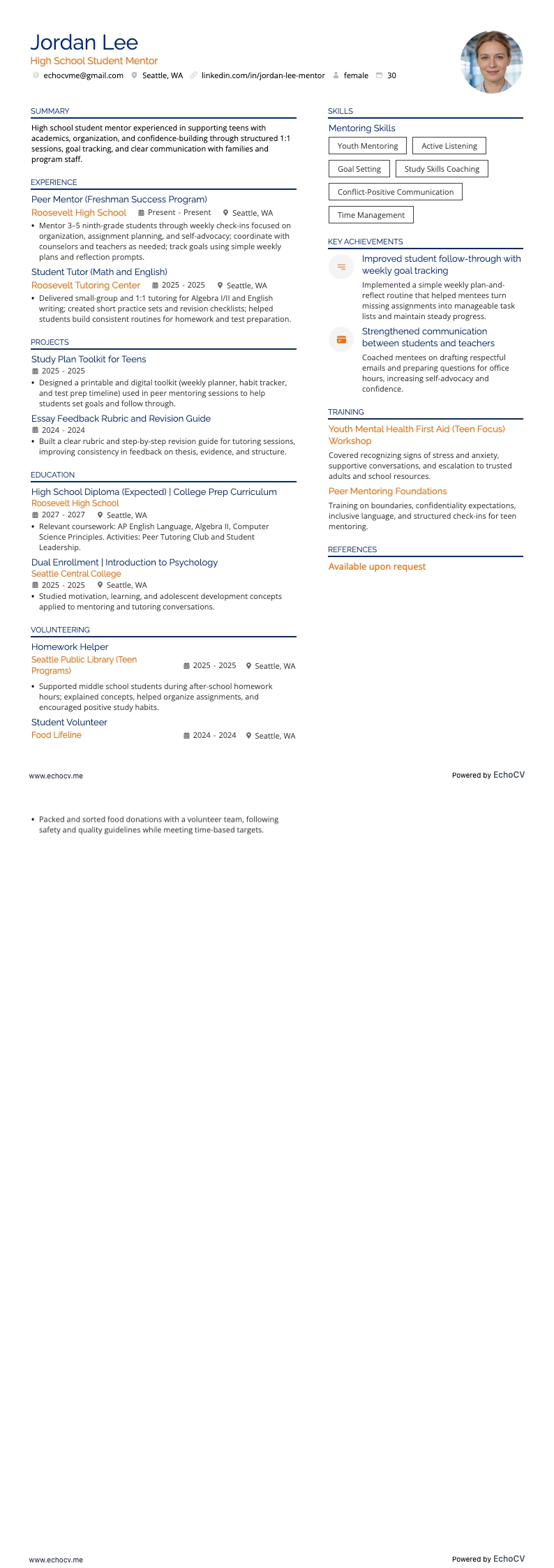 High School Student Mentor example resume