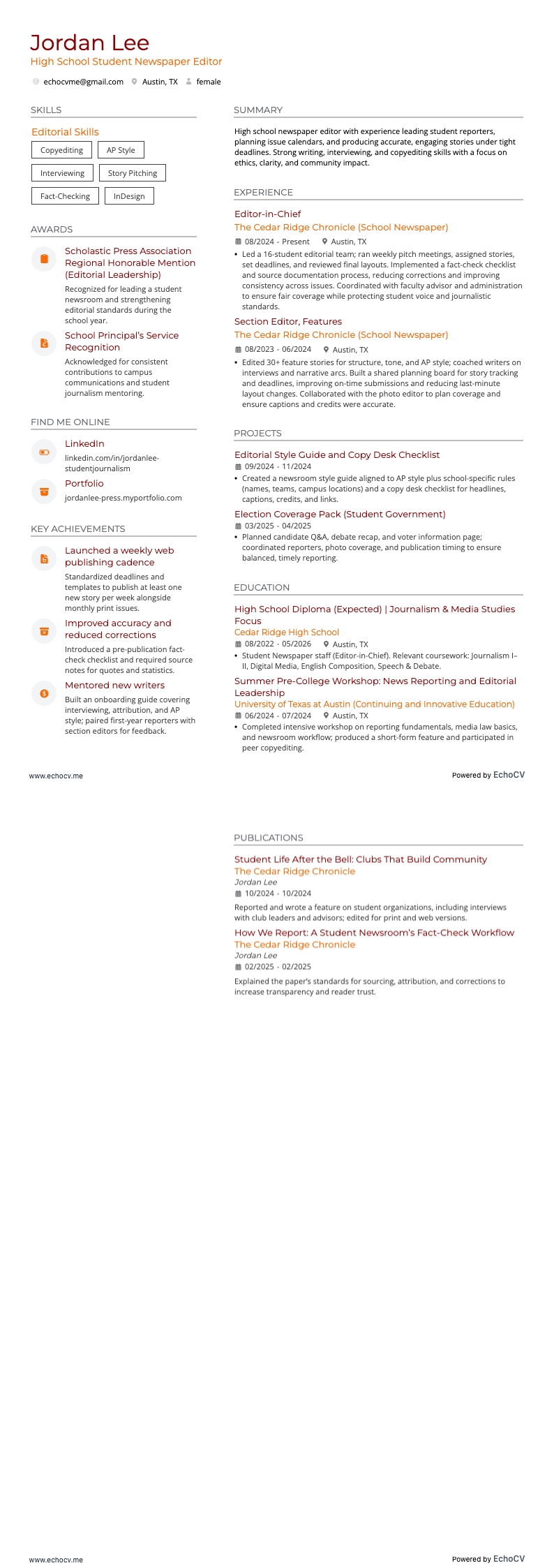 High School Student Newspaper Editor example resume