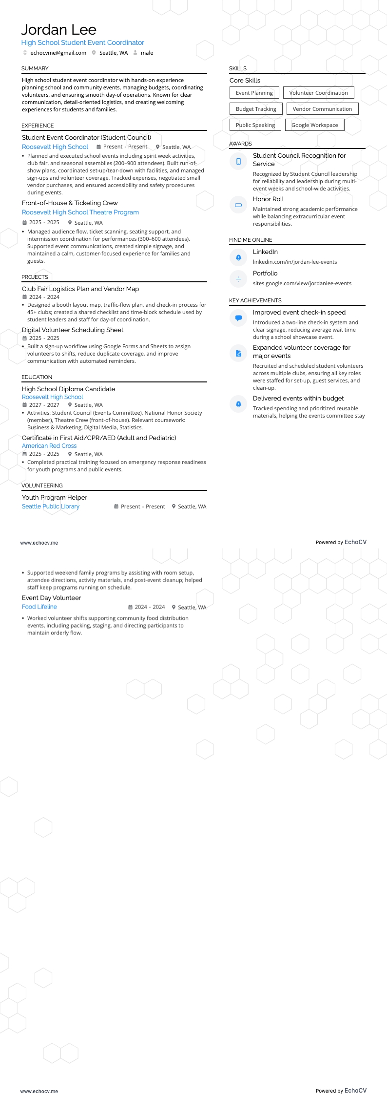 High School Student Event Coordinator example resume