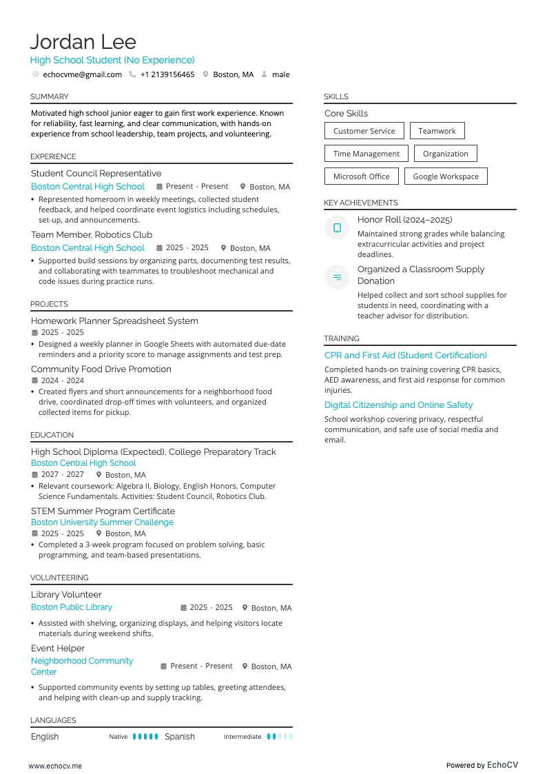 High School Student No Experience example resume