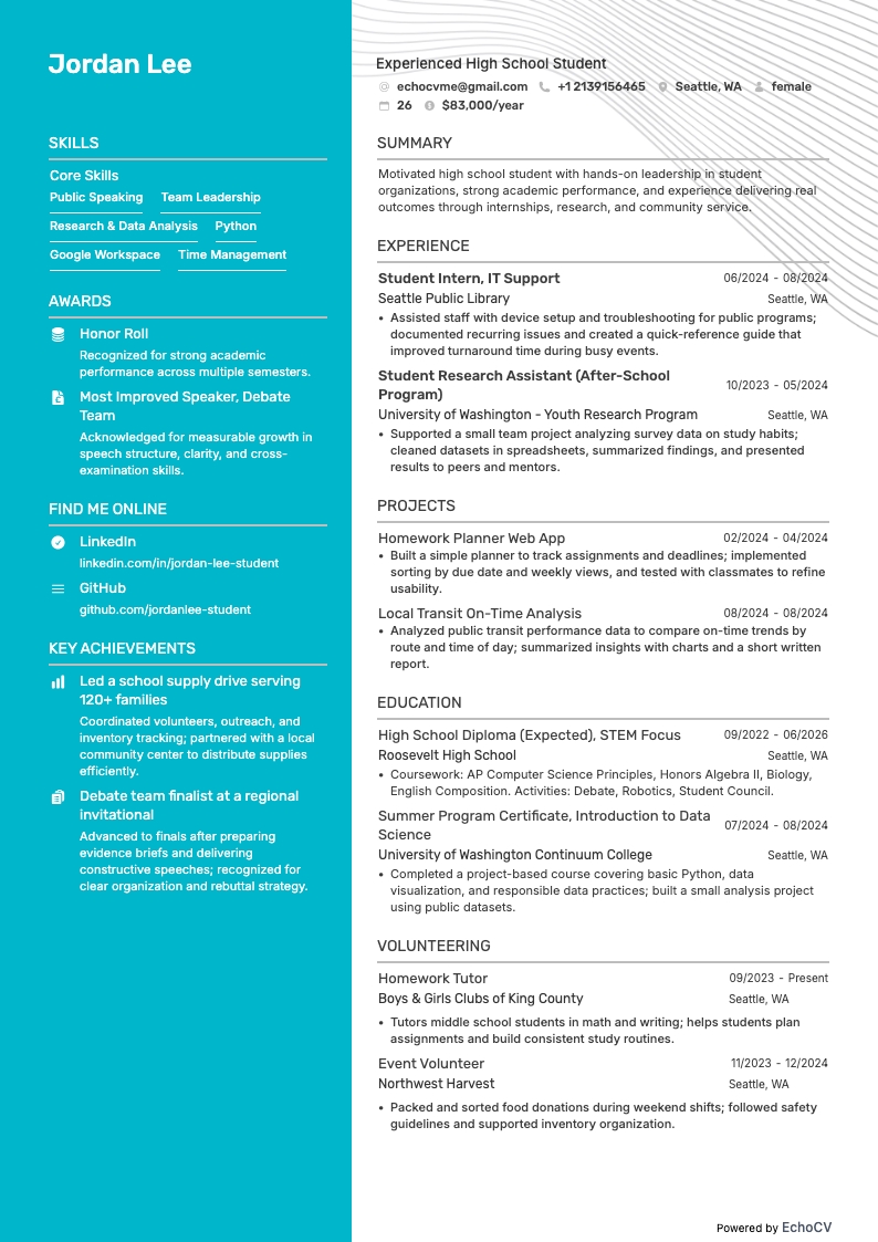 Experienced High School Student example resume