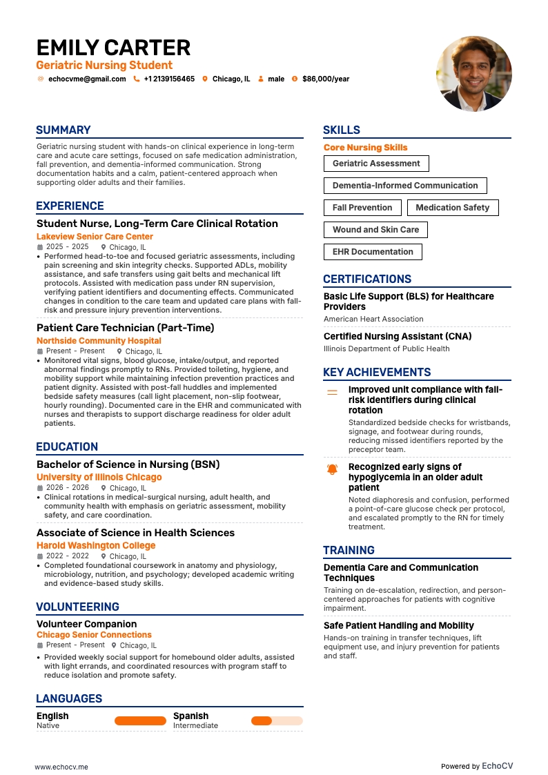 Sinh viên điều dưỡng lão khoa example resume