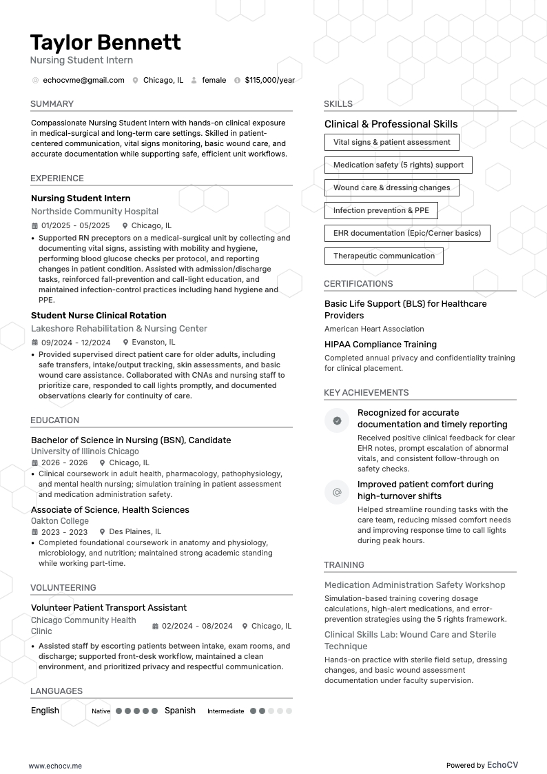 Thực tập sinh điều dưỡng sinh viên example resume