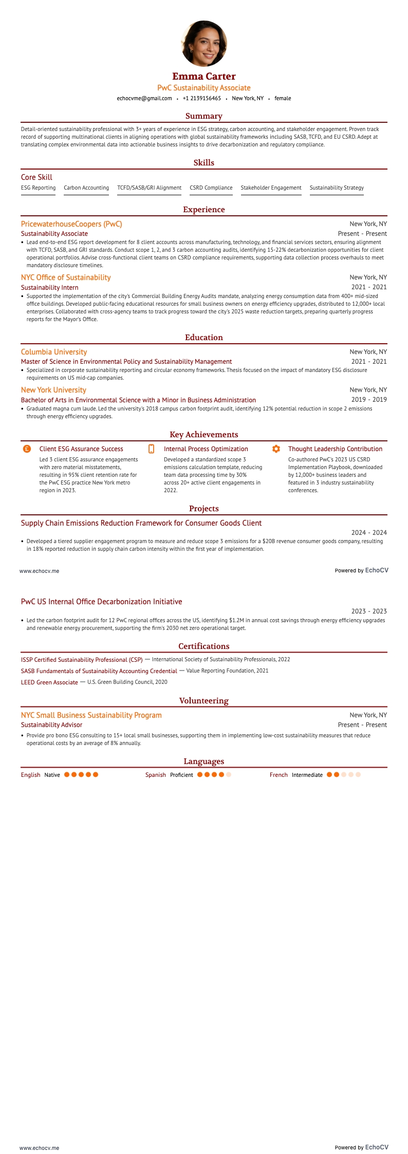 PwC Sustainability Associate example resume