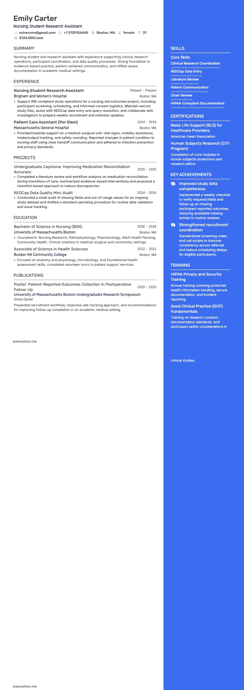 Trợ lý nghiên cứu sinh viên điều dưỡng example resume