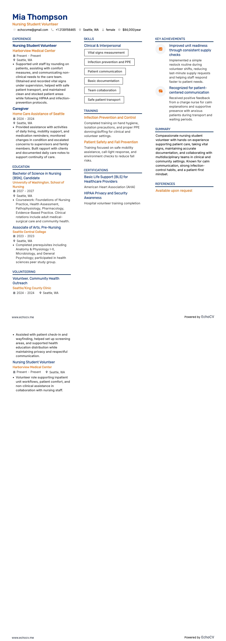 Tình nguyện viên sinh viên điều dưỡng example resume