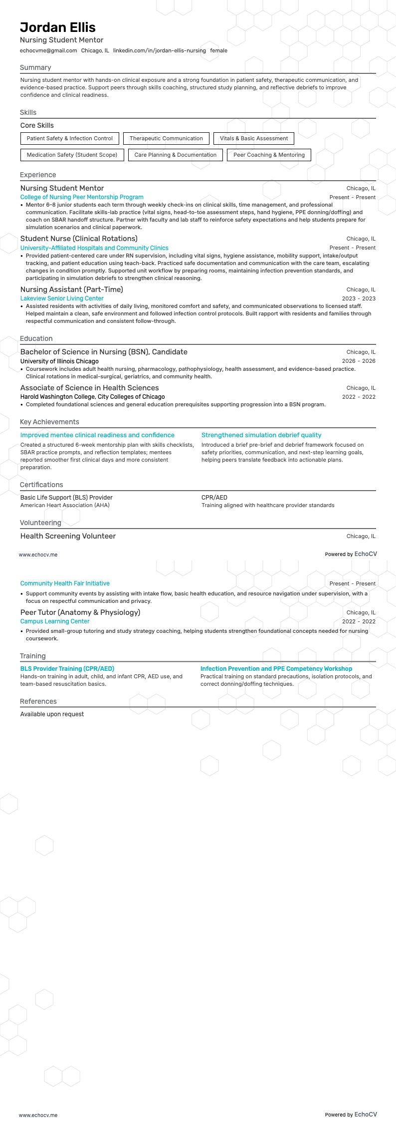 Cố vấn sinh viên điều dưỡng example resume