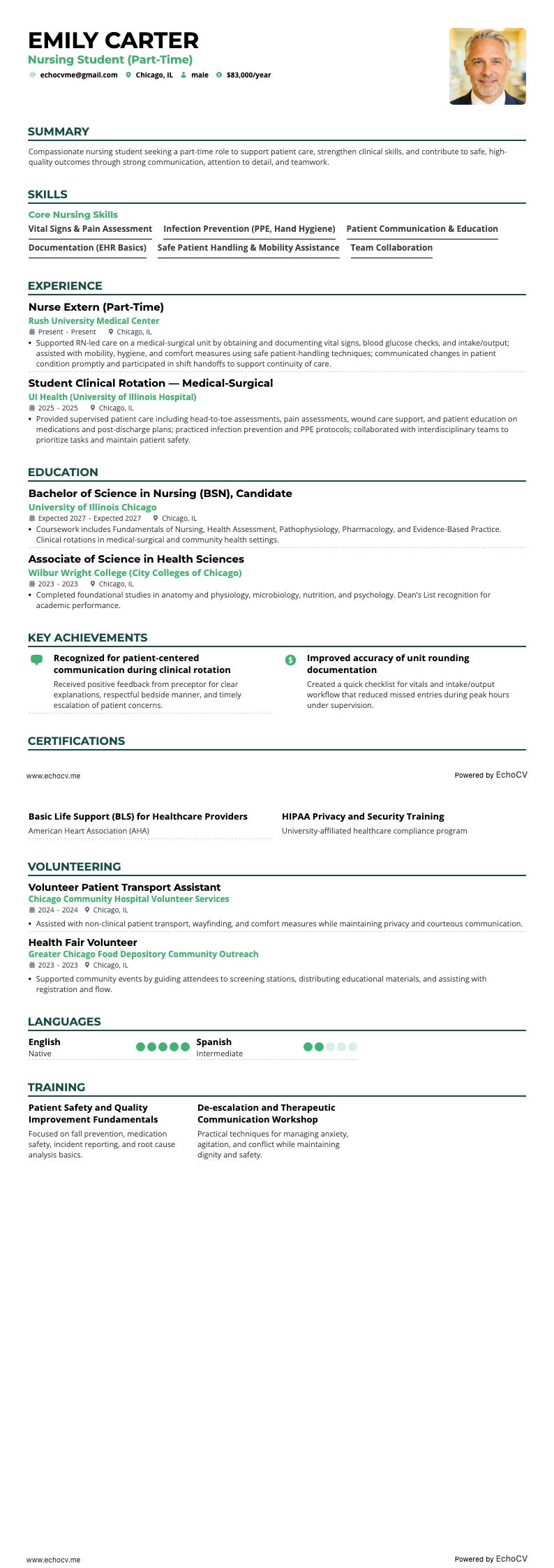 Vị trí bán thời gian cho sinh viên điều dưỡng example resume