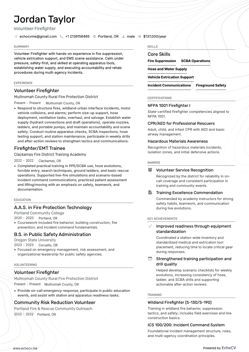 Volunteer Firefighter example resume