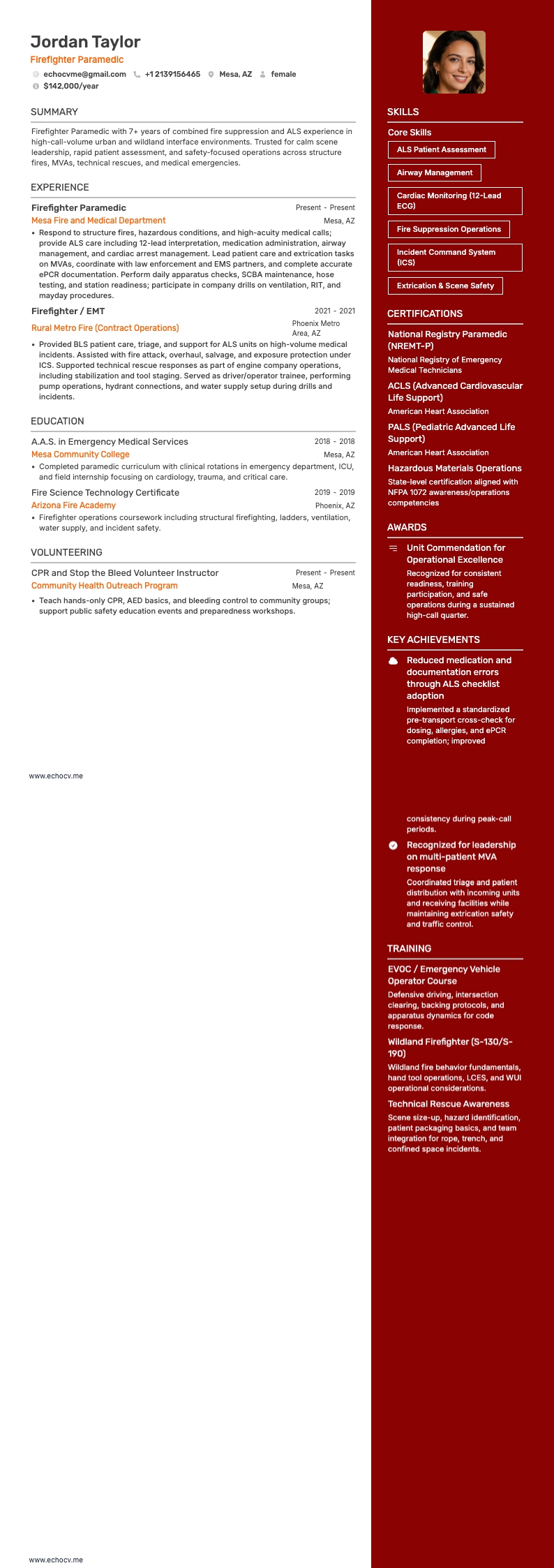 소방관 resume example