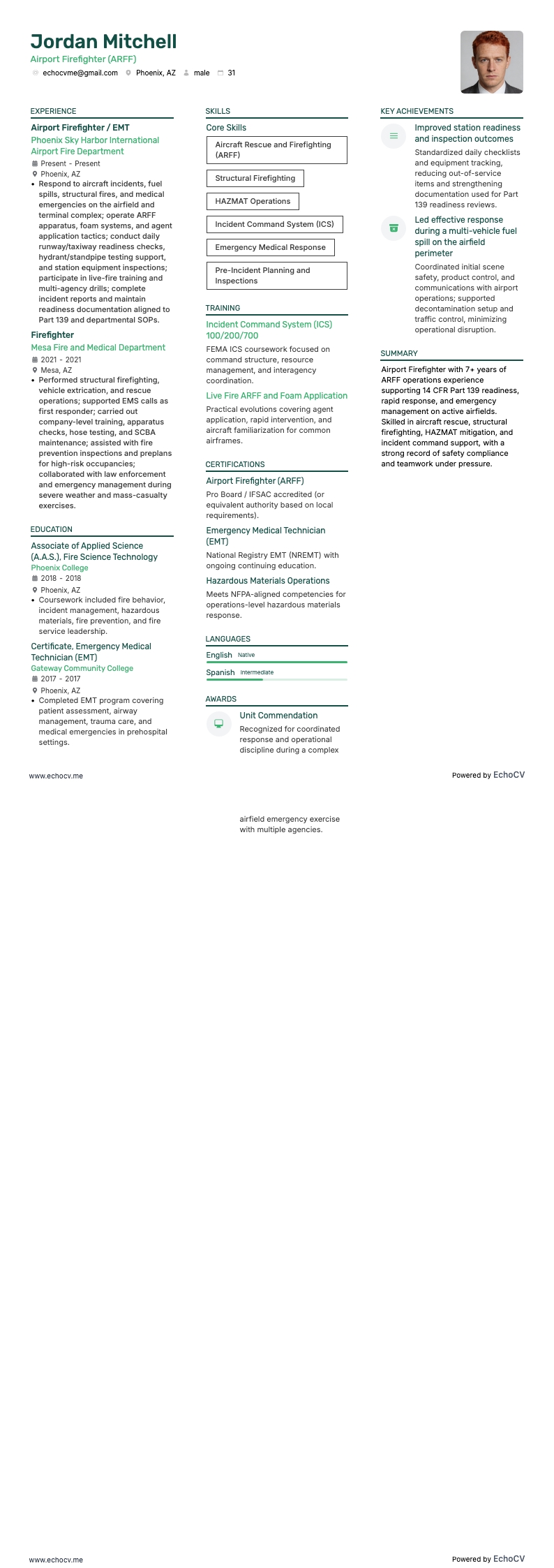 Airport Firefighter example resume