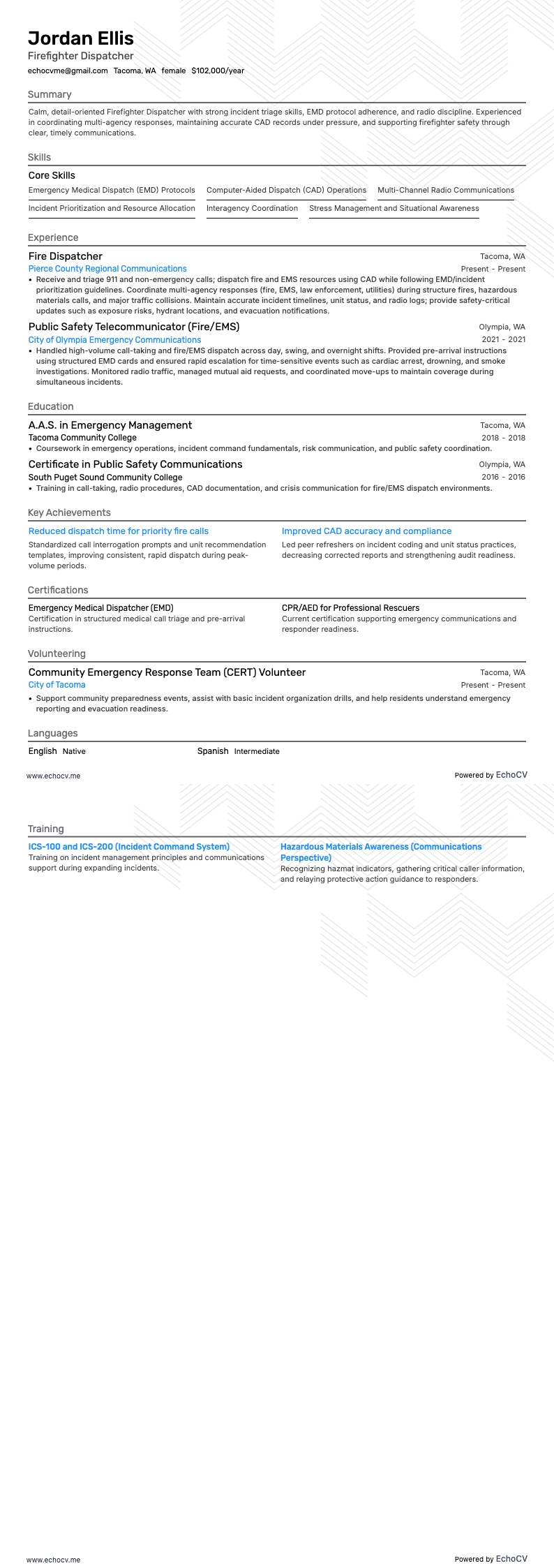 Firefighter Dispatcher example resume