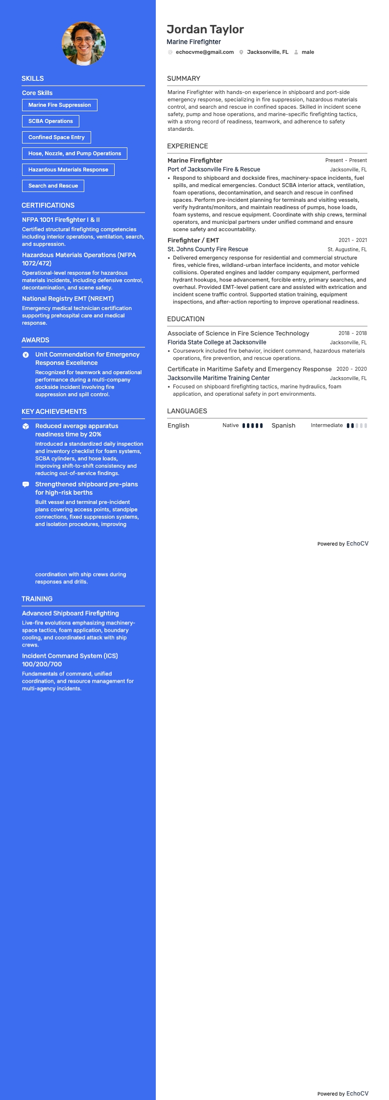 Marine Firefighter example resume