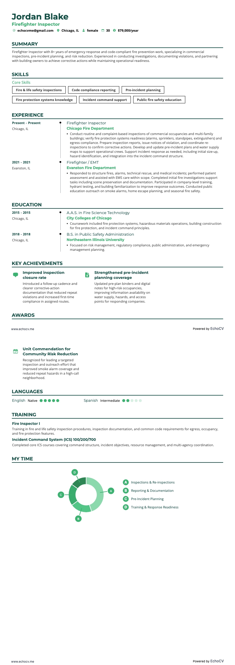 Firefighter Inspector example resume
