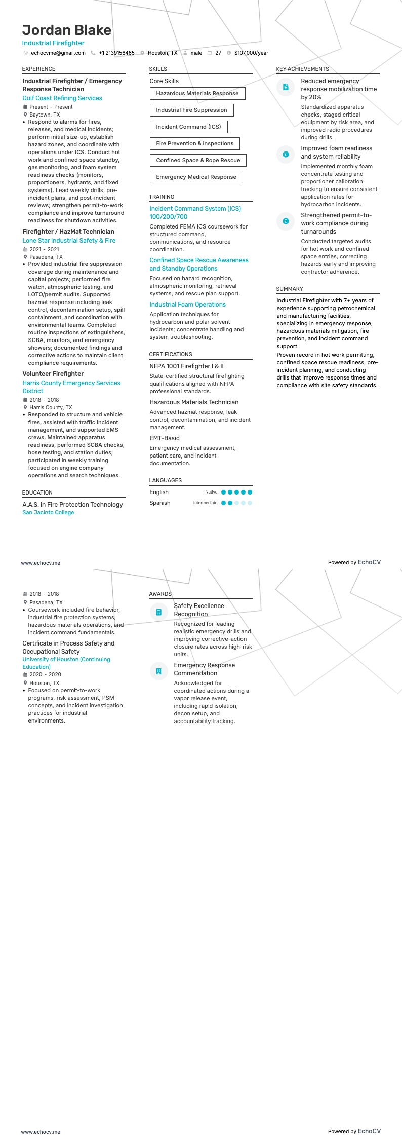 Industrial Firefighter example resume