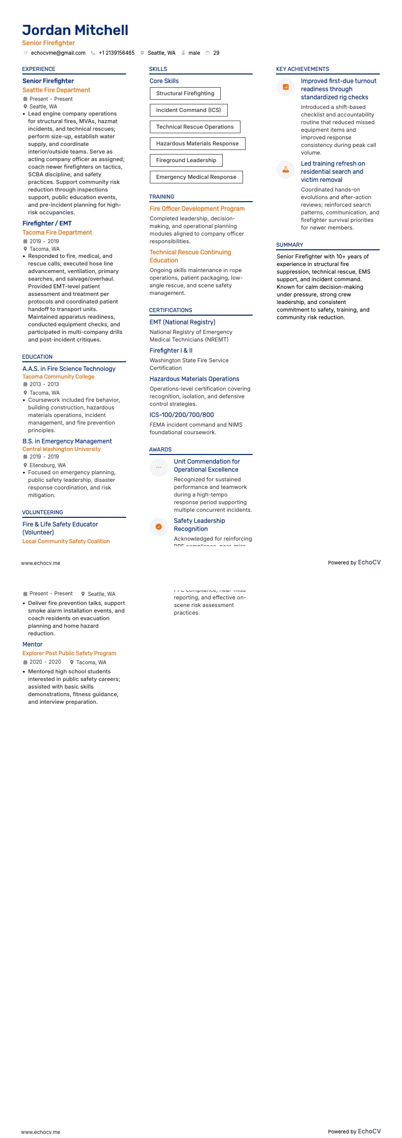 Senior Firefighter example resume