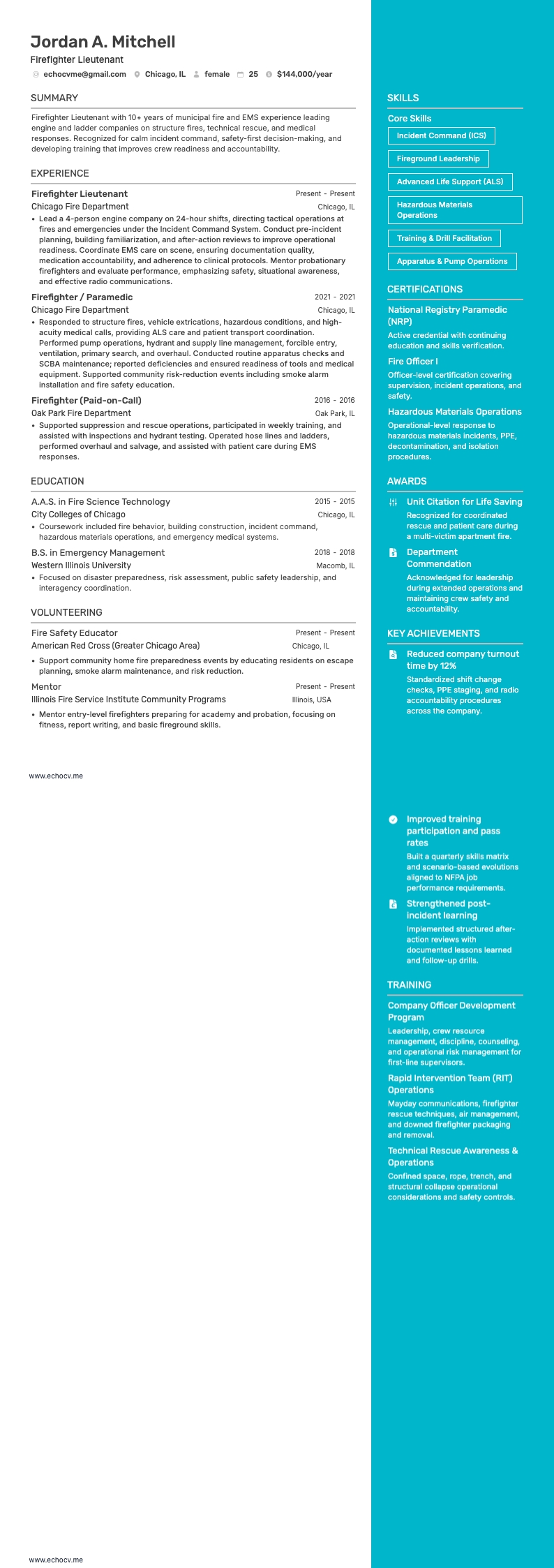 Firefighter resume example