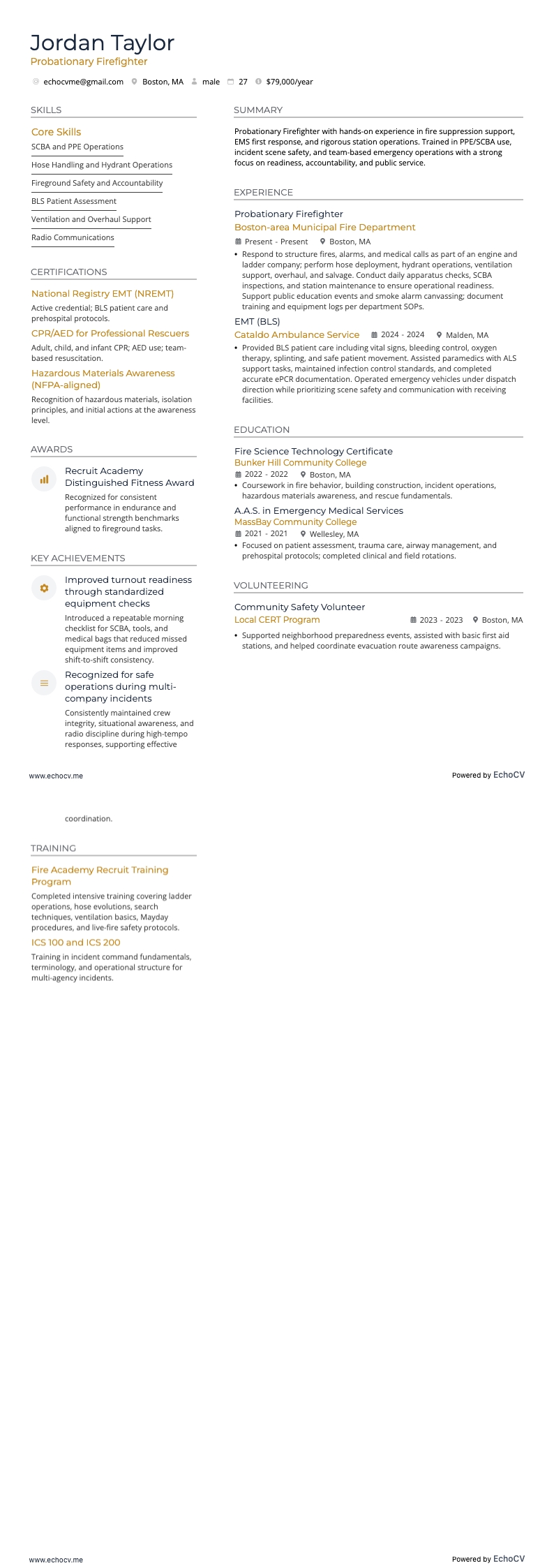 Probationary Firefighter example resume