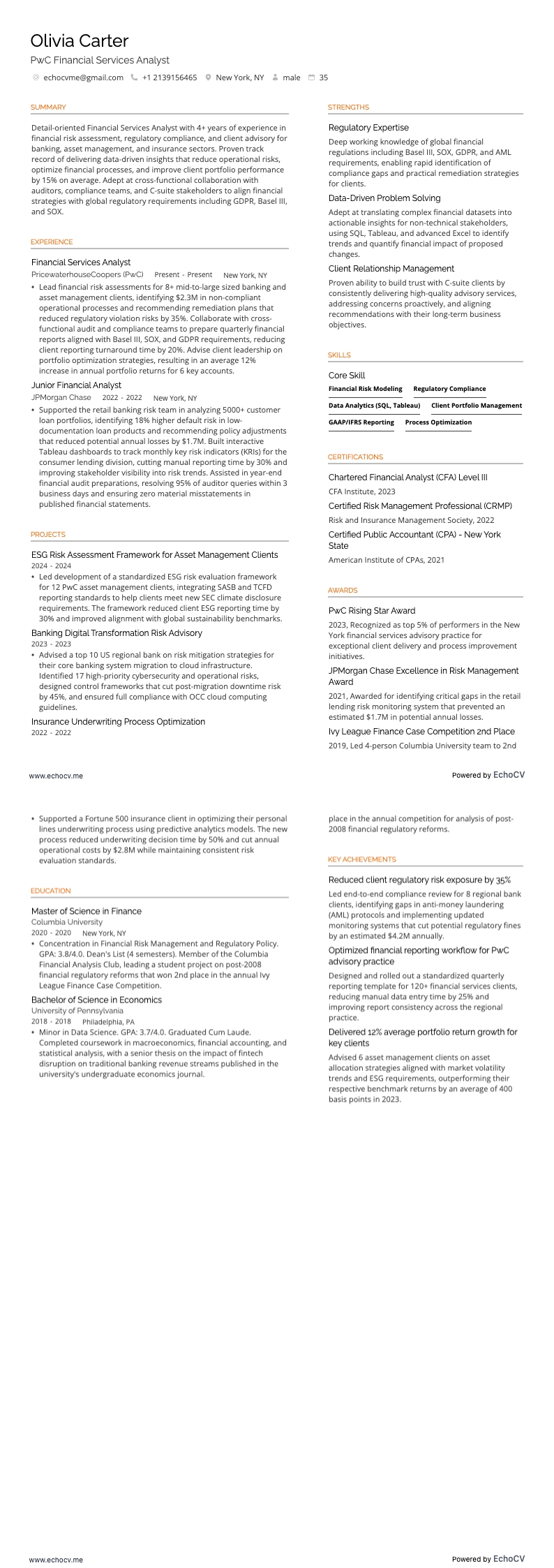 PwC Financial Services Analyst example resume