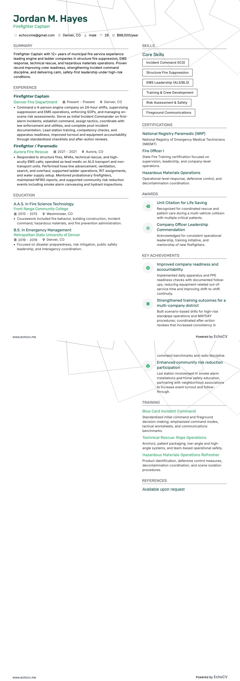 Pompier resume example