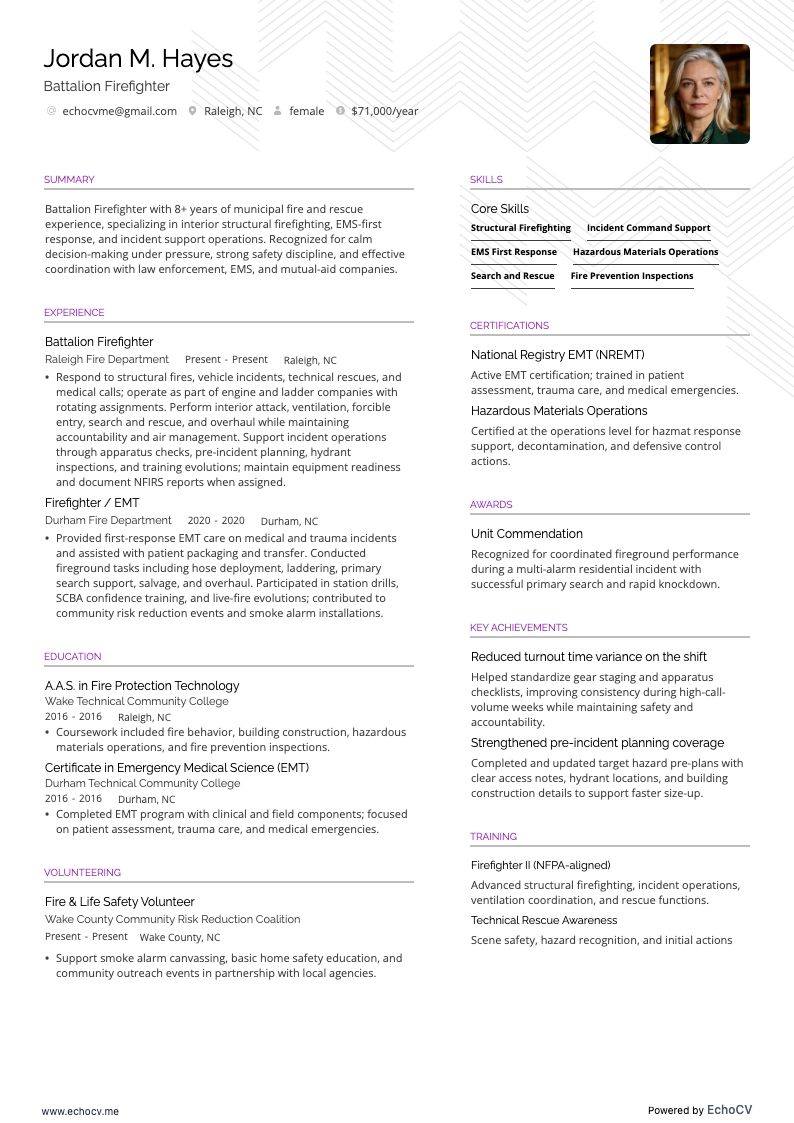 Battalion Firefighter example resume